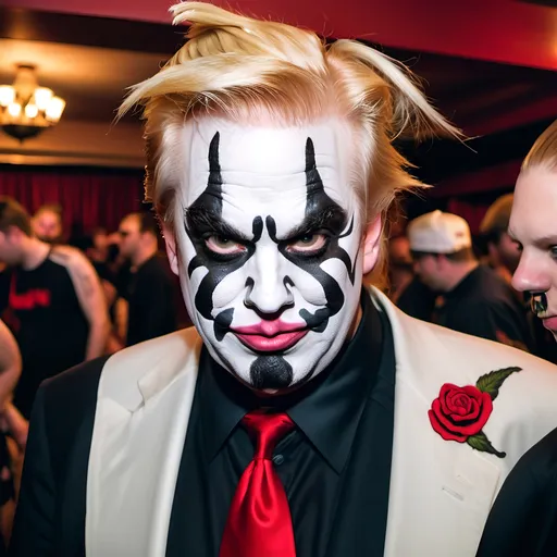 Prompt: Epic photo of donald trump dressed as a juggalo, at juggalo party