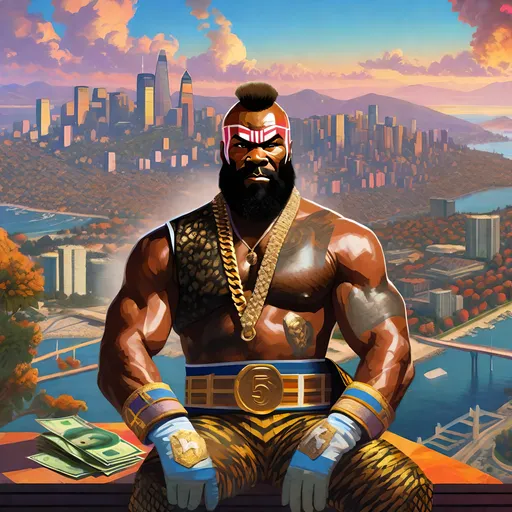 Prompt: Mr. T in GTA6. guns, thugs, money, guns, ski masks, baseball bats, Cityscape Collage atmosphere, box art style, Fully detailed painting by Greg Rutkowski and by Henry Justice Ford and by Steve Henderson, Expertly and professionally detailed artwork by Roxie Vizcarra and by Stephen Bliss.