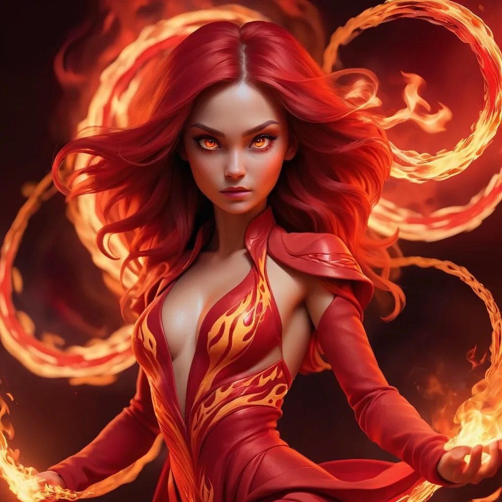 Prompt: girl of fire magic that's dressed in all red with flames winding tightly around body followed by red aura of fire surrounding whole body