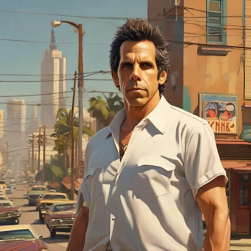 Prompt: Ben Stiller in GTA SAN andreas, thugs, money, baseball bats,   cityscape atmosphere, cartoony style, extremely detailed painting by Greg Rutkowski and by Henry Justice Ford and by Steve Henderson