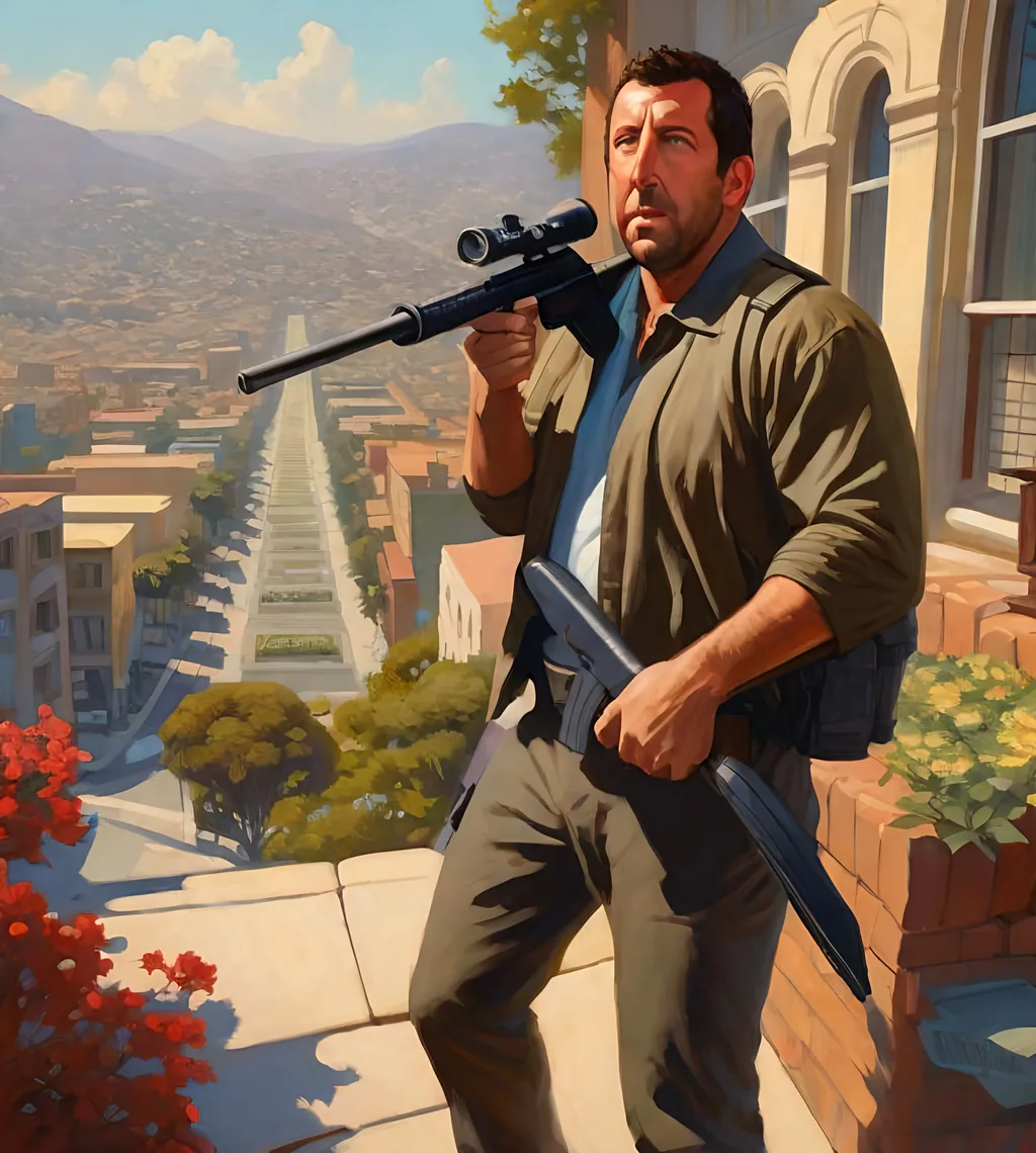 Prompt: Adam Sandler GTAV,  Guns, thugs, money, guns, ski masks, baseball bats, cityscape atmosphere, box art style, extremly hyper detailed painting by Greg Rutkowski and by Henry Justice Ford and by Steve Henderson, detailed artwork by Roxie Vizcarra and by Stephen Bliss.