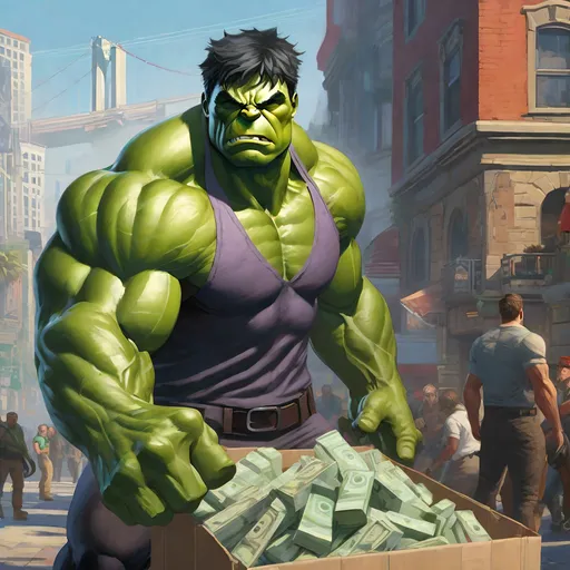 Prompt: The hulk In GTAV,  Guns, thugs, money, guns, ski masks, baseball bats, cityscape atmosphere, box art style, extremly hyper detailed painting by Greg Rutkowski and by Henry Justice Ford and by Steve Henderson, detailed artwork by Roxie Vizcarra and by Stephen Bliss.