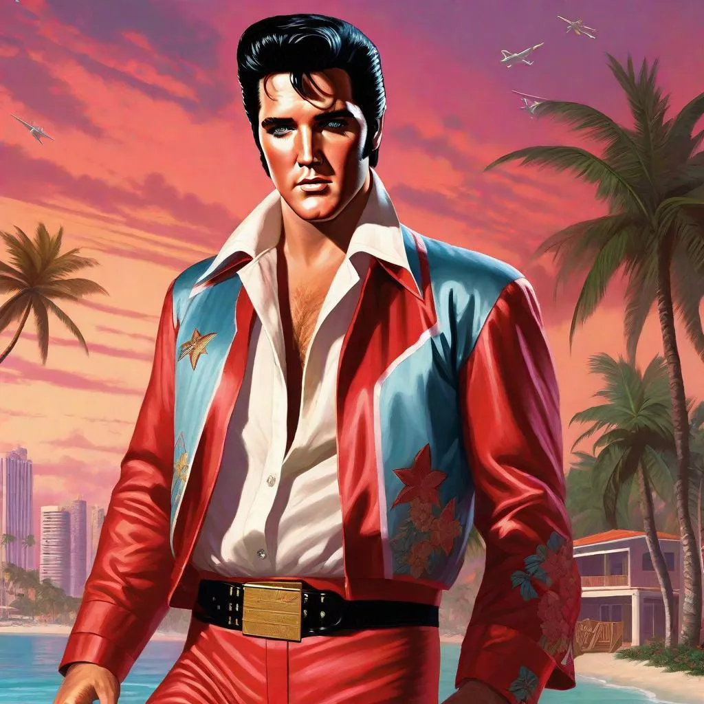 Prompt: Elvis Presley in GTA Vice city guns, thugs, money, guns, ski masks, baseball bats, cityscape gang life atmosphere, box art style, Fully detailed painting by Greg Rutkowski and by Henry Justice Ford and by Steve Henderson, detailed artwork by Roxie Vizcarra and by Stephen Bliss.