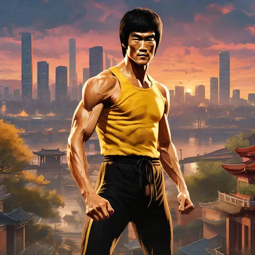 Prompt: Bruce Lee in GTA8. guns, thugs, money, baseball bats, weapons, ghetto cityscape atmosphere, box art style, Fully detailed 8k video still framed done by Greg Rutkowski and by Henry Justice Ford and by Steve Henderson, Expertly and professionally detailed artwork by Roxie Vizcarra and by Stephen Bliss.