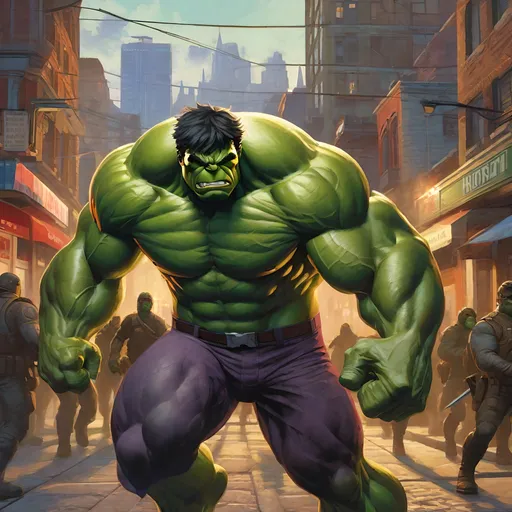 Prompt: The hulk In GTAV,  Guns, thugs, money, guns, ski masks, baseball bats, cityscape atmosphere, box art style, extremly hyper detailed painting by Greg Rutkowski and by Henry Justice Ford and by Steve Henderson, detailed artwork by Roxie Vizcarra and by Stephen Bliss.
