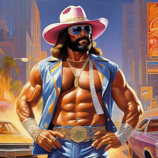 Prompt: 1975"s  Macho man randy savage  GTAV,  Guns, thugs, money, guns, ski masks, baseball bats, cityscape atmosphere, box art style, extremly hyper detailed painting by Greg Rutkowski and by Henry Justice Ford and by Steve Henderson, detailed artwork by Roxie Vizcarra and by Stephen Bliss.