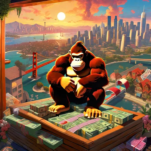 Prompt: Donkey Kong in GTA6. guns, thugs, money, guns, ski masks, baseball bats, Cityscape Collage atmosphere, box art style, Fully detailed painting by Greg Rutkowski and by Henry Justice Ford and by Steve Henderson, Expertly and professionally detailed artwork by Roxie Vizcarra and by Stephen Bliss.