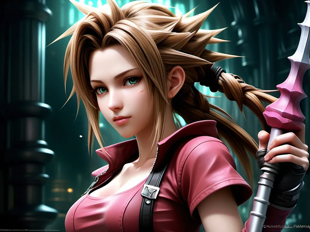 Prompt: quantumly detailed artistic, intricate, integrated, and perfectly proffesionally detailed wallpaper artwork of quantumly detailed majestic, magical,  creative intelligent generation that leaves an epic euphoria with highest resolution highest quality,  final fantasy 7 Aerith in the style of fighting sepharoth with magical staff