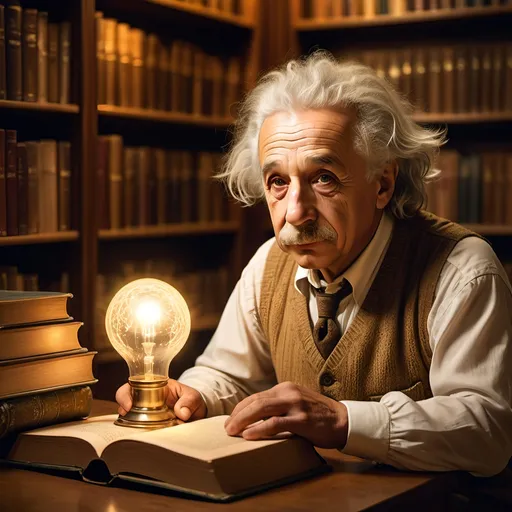 Prompt: Man in a library, magical energy, Albert Einstein's wisdom, illuminating glow, high quality, surrealism, vintage style, warm golden lighting, detailed facial features, scholarly atmosphere, mystical aura, ancient books, glowing energy, scholarly man