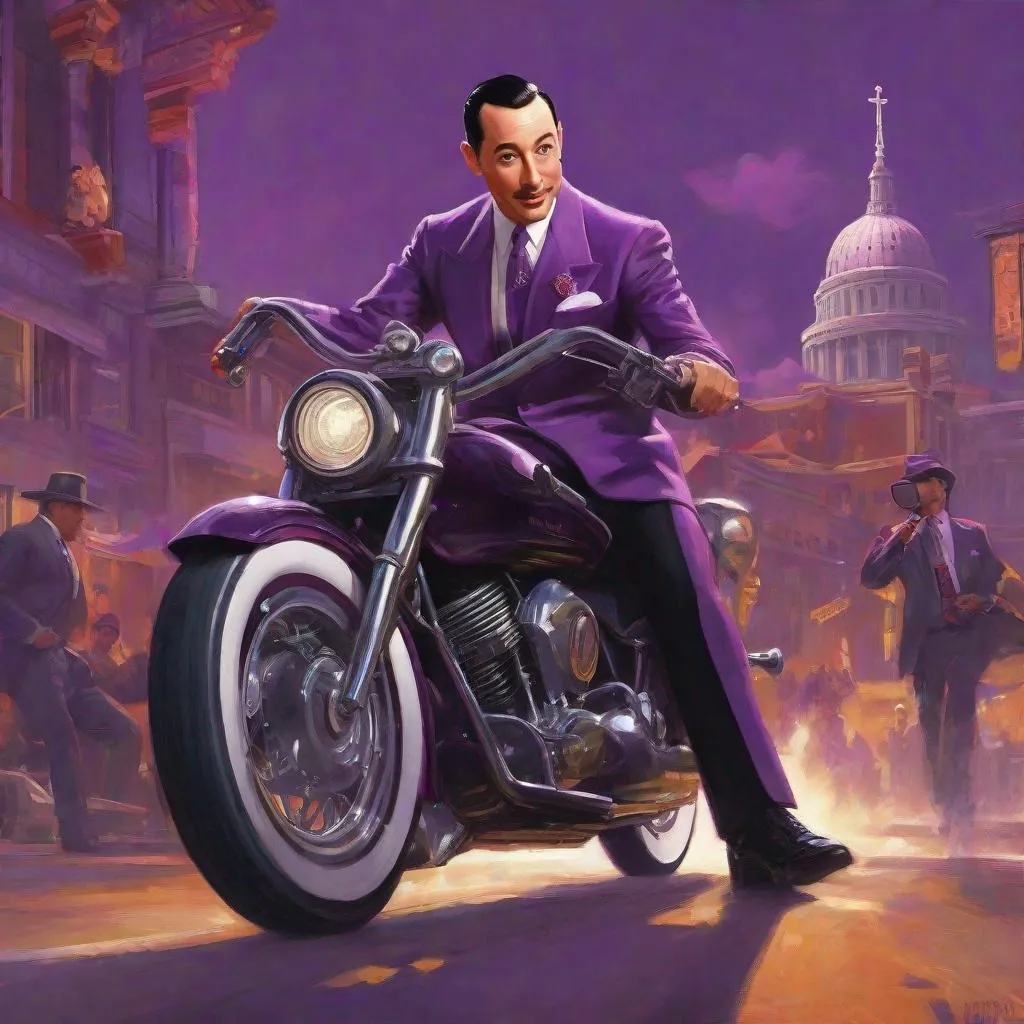 Prompt: pee wee herman in Saints Row, guns, purple atmosphere, cartoony style, extremely detailed painting by Greg Rutkowski and by Henry Justice Ford and by Steve Henderson