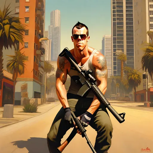 Prompt: Steve O from jackass in GTA San Andreas guns, thugs, money, guns, ski masks, baseball bats, cityscape atmosphere, box art style, Insanely fine hyper detailed painting by Greg Rutkowski and by Henry Justice Ford and by Steve Henderson, detailed artwork by Roxie Vizcarra and by Stephen Bliss.