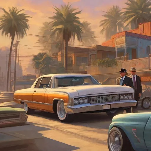 Prompt: donald trump in GTA SAN andreas, thugs, money, baseball bats, lowrider, cars, cityscape atmosphere, cartoony style, extremely detailed painting by Greg Rutkowski and by Henry Justice Ford and by Steve Henderson