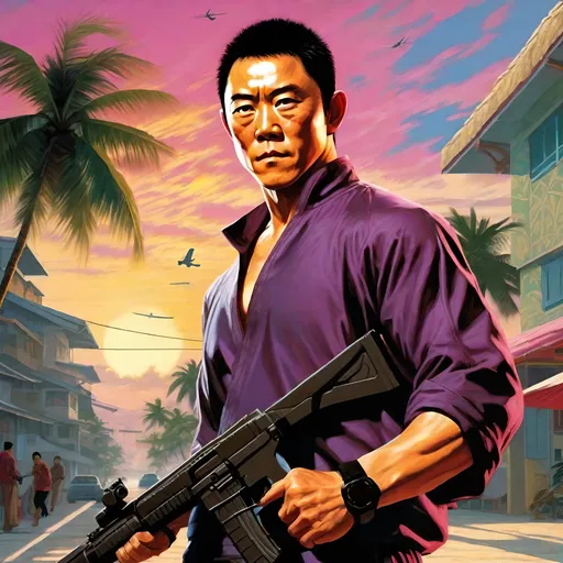 Prompt: Jet li in GTA Vice city guns, thugs, money, guns, ski masks, baseball bats, cityscape gang life atmosphere, box art style, Insanely detailed painting by Greg Rutkowski and by Henry Justice Ford and by Steve Henderson, detailed artwork by Roxie Vizcarra and by Stephen Bliss.