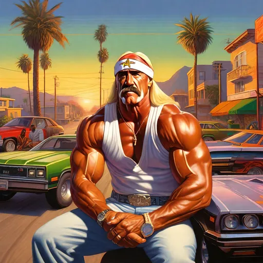Prompt: 80's Hulk Hogan looking like flava flave looking at gang confused in  GTA SAN andreas, thugs, money, guns, baseball bats, cityscape atmosphere, box art style, extremly hyper detailed painting by Greg Rutkowski and by Henry Justice Ford and by Steve Henderson, detailed artwork by Roxie Vizcarra and by Stephen Bliss.