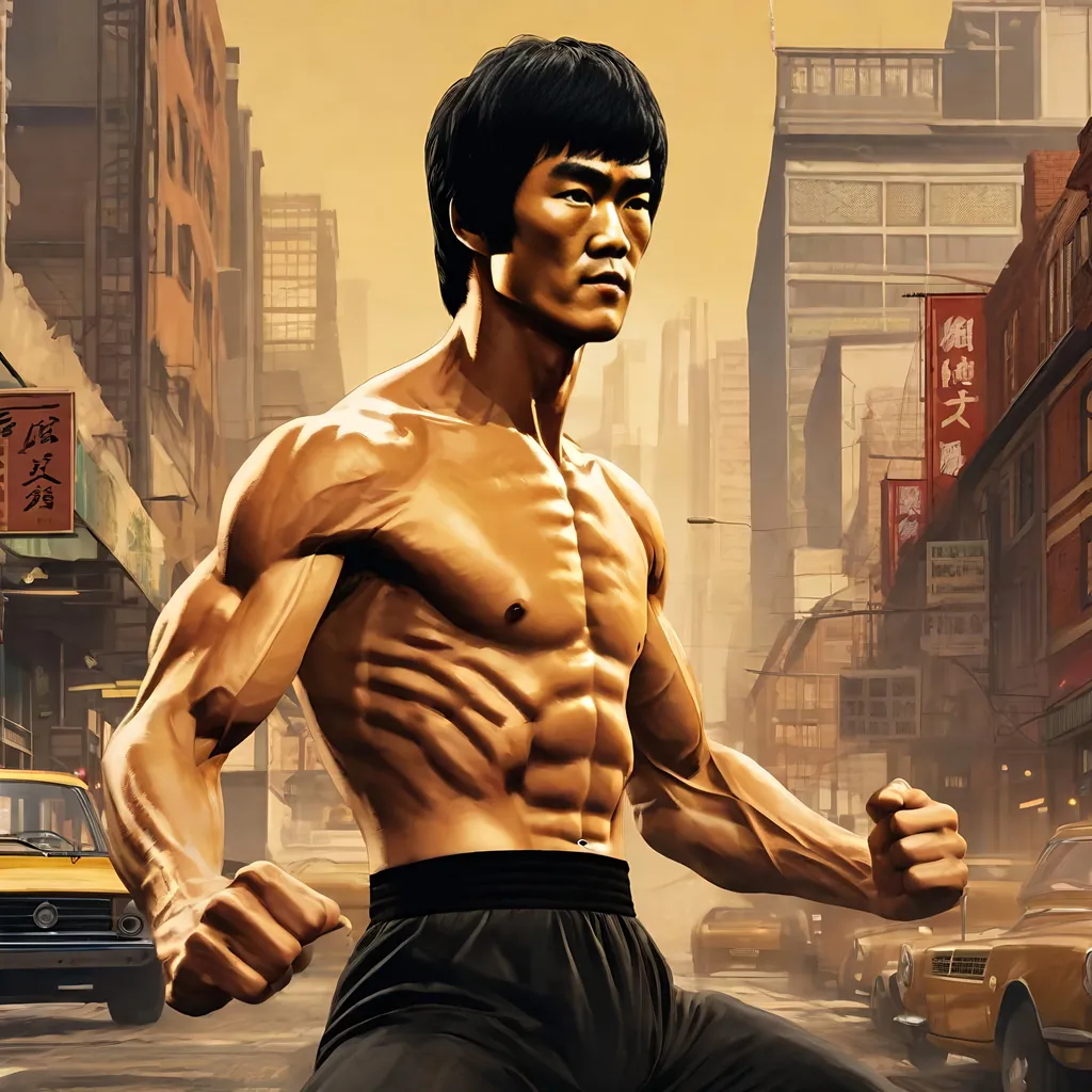 Prompt: Bruce Lee in GTA8. guns, thugs, money, baseball bats, weapons, busy downtown atmosphere, box art style, Fully detailed 8k video still framed done by Greg Rutkowski and by Henry Justice Ford and by Steve Henderson, Expertly and professionally detailed artwork by Roxie Vizcarra and by Stephen Bliss.