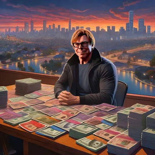 Prompt: Mike Meyers in GTA6. guns, thugs, money, guns, ski masks, baseball bats, Cityscape Collage atmosphere, box art style, Fully detailed painting by Greg Rutkowski and by Henry Justice Ford and by Steve Henderson, Expertly and professionally detailed artwork by Roxie Vizcarra and by Stephen Bliss.