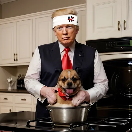 Prompt: Donald Trump wearing handkerchief , dog in pot on top of oven