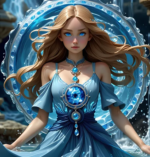 Prompt:  girl of water magic that's dressed in all blue with water power winding tightly around body followed by blue aura of blue magic surrounding whole body. Detail medallion blue jewel on dress 