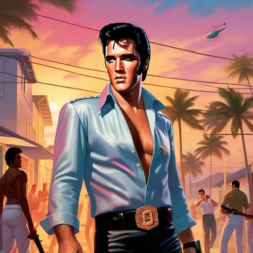 Prompt: Elvis Presley in GTA Vice city guns, thugs, money, guns, ski masks, baseball bats, cityscape gang life atmosphere, box art style, Fully detailed painting by Greg Rutkowski and by Henry Justice Ford and by Steve Henderson, detailed artwork by Roxie Vizcarra and by Stephen Bliss.