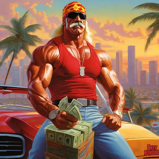Prompt: Young  Hulk Hogan  GTA Vice City,  Guns, thugs, money, guns, ski masks, baseball bats, cityscape atmosphere, box art style, extremly hyper detailed painting by Greg Rutkowski and by Henry Justice Ford and by Steve Henderson, detailed artwork by Roxie Vizcarra and by Stephen Bliss.