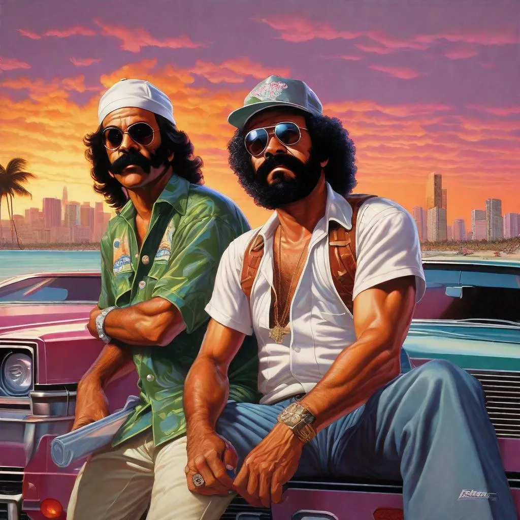 Prompt: Cheech and chong ib GTA Vice City,  Guns, thugs, money, guns, ski masks, baseball bats, cityscape atmosphere, box art style, extremly hyper detailed painting by Greg Rutkowski and by Henry Justice Ford and by Steve Henderson, detailed artwork by Roxie Vizcarra and by Stephen Bliss.