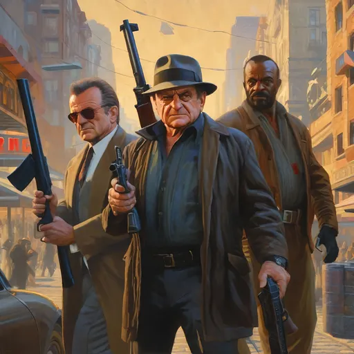 Prompt: Joe pesci GTAV,  Guns, thugs, money, guns, ski masks, baseball bats, cityscape atmosphere, box art style, extremly hyper detailed painting by Greg Rutkowski and by Henry Justice Ford and by Steve Henderson, detailed artwork by Roxie Vizcarra and by Stephen Bliss.