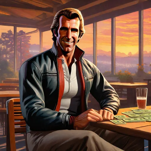 Prompt: The Fonz in GTA6. guns, thugs, money, guns, ski masks, baseball bats, twin cities atmosphere, box art style, Fully detailed painting by Greg Rutkowski and by Henry Justice Ford and by Steve Henderson, Expertly and professionally detailed artwork by Roxie Vizcarra and by Stephen Bliss.