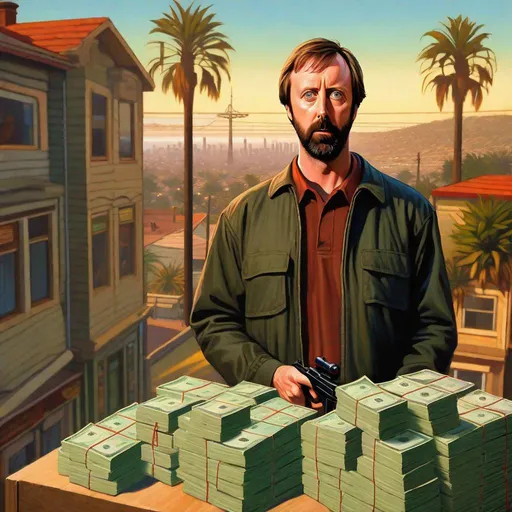 Prompt: Tom Green in GTA San Andreas guns, thugs, money, guns, ski masks, baseball bats, cityscape atmosphere, box art style, Insanely fine hyper detailed painting by Greg Rutkowski and by Henry Justice Ford and by Steve Henderson, detailed artwork by Roxie Vizcarra and by Stephen Bliss.