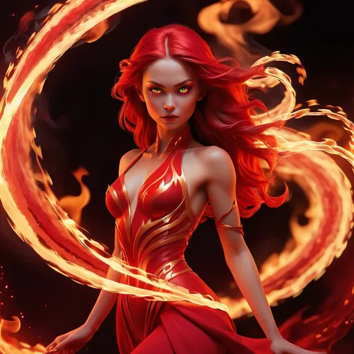 Prompt: girl of fire magic that's dressed in all red with flames winding tightly around body followed by red aura of fire surrounding whole body