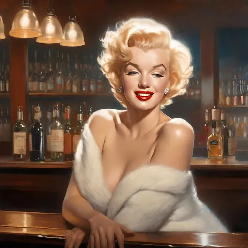 Prompt: Marilyn Monroe in Professionals photo shoot atmosphere, Bar Scene Perfect, tantalizing, sensual, playful, touching, pleasing, wanting, needing, loving, teasing poses box art style, Insanely fine extremely real life 8k photo enhanced by Greg Rutkowski and by Henry Justice Ford and by Steve Henderson, detailed Live still frame completed by Roxie Vizcarra and by Stephen Bliss.
