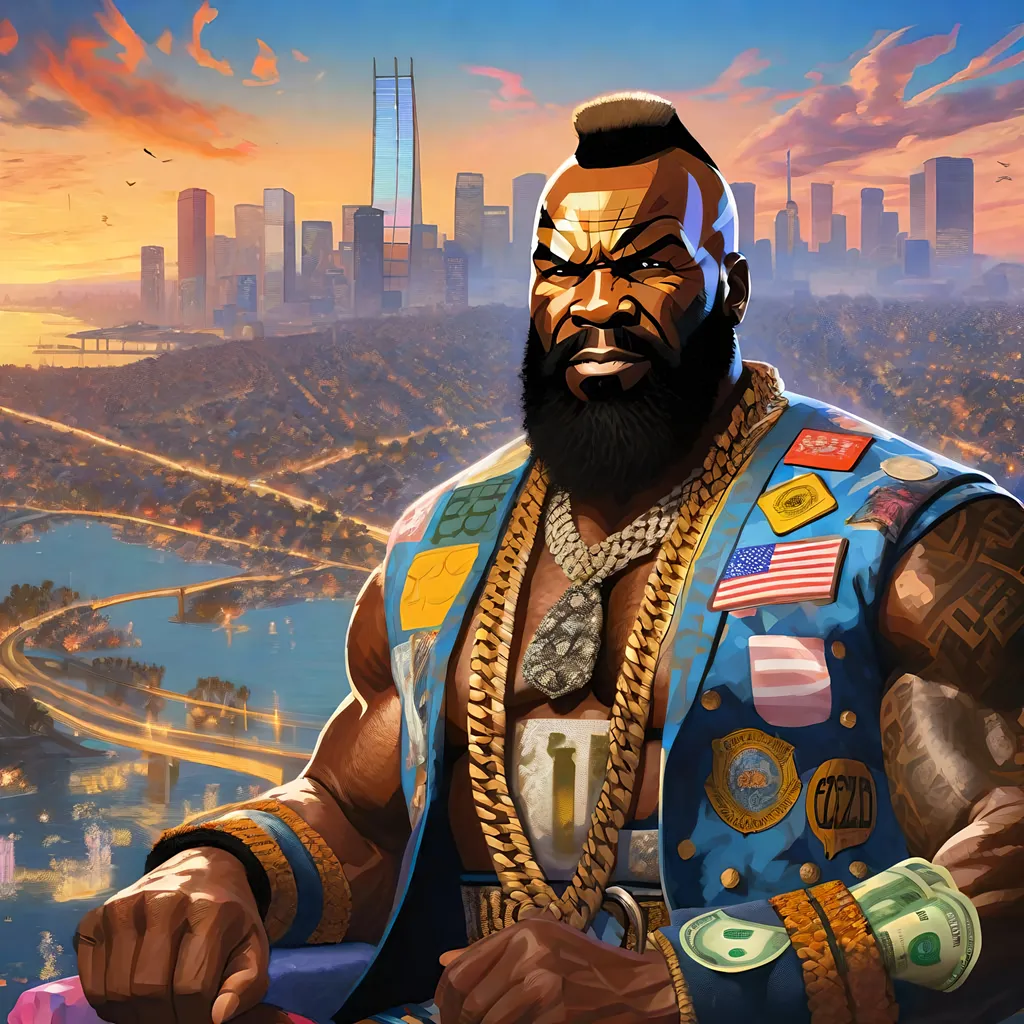 Prompt: Mr. T in GTA6. guns, thugs, money, guns, ski masks, baseball bats, Cityscape Collage atmosphere, box art style, Fully detailed painting by Greg Rutkowski and by Henry Justice Ford and by Steve Henderson, Expertly and professionally detailed artwork by Roxie Vizcarra and by Stephen Bliss.