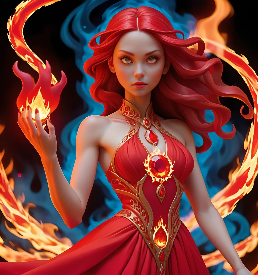 Prompt:  girl of fire magic that's dressed in all red with flames winding tightly around body followed by red aura of fire surrounding whole body, flames circle around every limb. Detail medallion fire red jewel on dress 