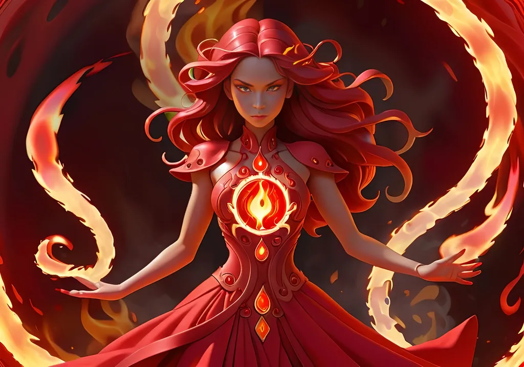 Prompt:  girl of fire magic that's dressed in all red with flames winding tightly around body followed by red aura of fire surrounding whole body, flames circle around every limb. Detail medallion fire red jewel on dress 