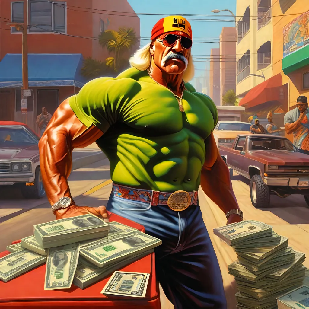 Prompt: 80's Hulk Hogan looking like flava flave looking at gang confused in  GTA SAN andreas, thugs, money, guns, baseball bats, cityscape atmosphere, box art style, extremly hyper detailed painting by Greg Rutkowski and by Henry Justice Ford and by Steve Henderson, detailed artwork by Roxie Vizcarra and by Stephen Bliss.