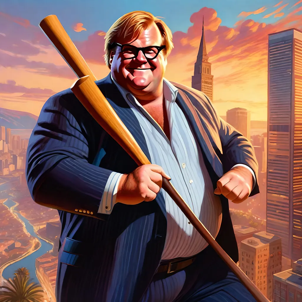 Prompt: Chris Farley in GTA6. guns, thugs, money, guns, ski masks, baseball bats, cityscape gang life atmosphere, box art style, Fully detailed painting by Greg Rutkowski and by Henry Justice Ford and by Steve Henderson, Expertly and professionally detailed artwork by Roxie Vizcarra and by Stephen Bliss.