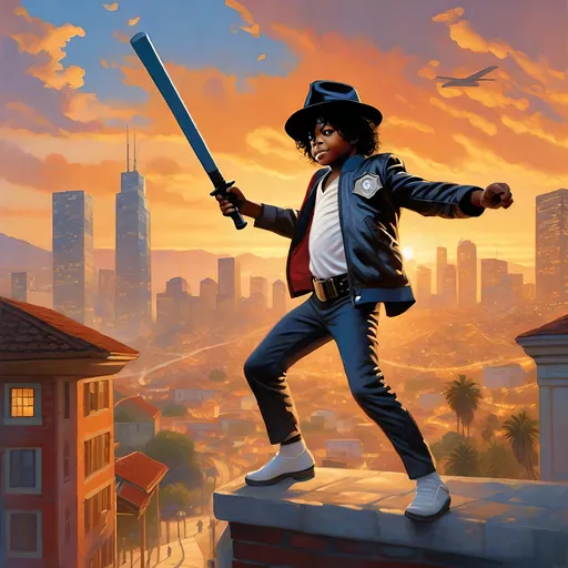 Prompt: Micheal Jackson dances as a young boy in GTAV. guns, thugs, money, guns, ski masks, baseball bats, cityscape gang life atmosphere, box art style, Fully detailed painting by Greg Rutkowski and by Henry Justice Ford and by Steve Henderson, detailed artwork by Roxie Vizcarra and by Stephen Bliss.