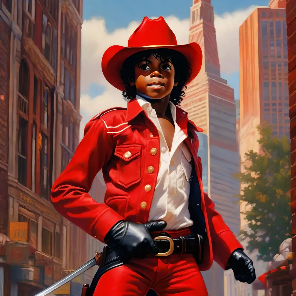 Prompt: Micheal Jackson as a young boy detail outfit red with cowboy hat, in GTA6. guns, thugs, money, guns, ski masks, baseball bats, cityscape gang life atmosphere, box art style, Fully detailed painting by Greg Rutkowski and by Henry Justice Ford and by Steve Henderson, detailed artwork by Roxie Vizcarra and by Stephen Bliss.