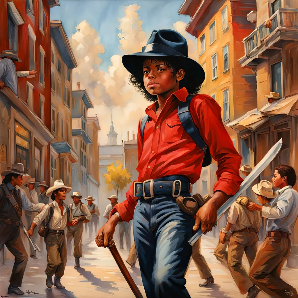 Prompt: Micheal Jackson as a young boy detail outfit red with cowboy hat, in GTA6. guns, thugs, money, guns, ski masks, baseball bats, cityscape gang life atmosphere, box art style, Fully detailed painting by Greg Rutkowski and by Henry Justice Ford and by Steve Henderson, detailed artwork by Roxie Vizcarra and by Stephen Bliss.