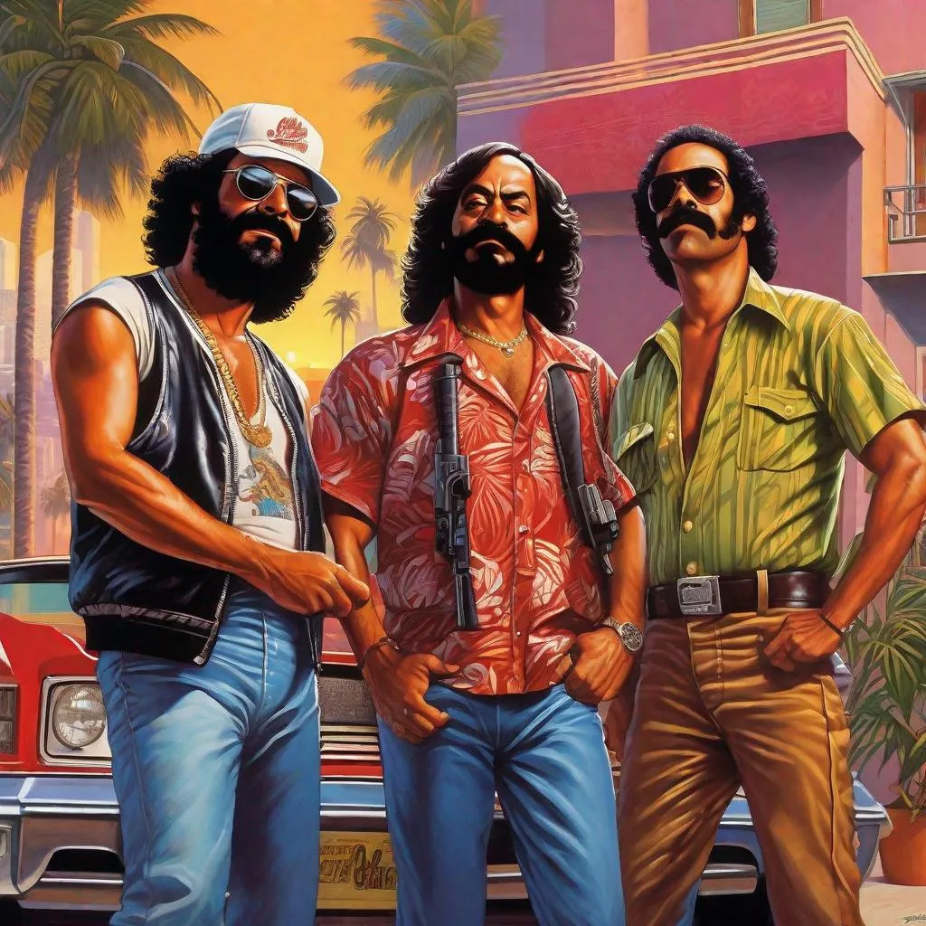 Prompt: Cheech and chong ib GTA Vice City,  Guns, thugs, money, guns, ski masks, baseball bats, cityscape atmosphere, box art style, extremly hyper detailed painting by Greg Rutkowski and by Henry Justice Ford and by Steve Henderson, detailed artwork by Roxie Vizcarra and by Stephen Bliss.