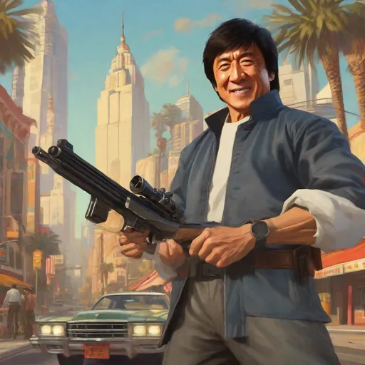 Prompt: jackie chan in GTA5, guns, cityscape atmosphere, cartoony style, extremely detailed painting by Greg Rutkowski and by Henry Justice Ford and by Steve Henderson