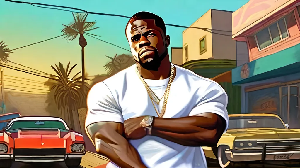 Prompt: kevin hart in GTA SAN andreas, thugs, money, baseball bats, lowrider, cars, cityscape atmosphere, cartoony style, extremely hyper detailed painting by Greg Rutkowski and by Henry Justice Ford and by Steve Henderson