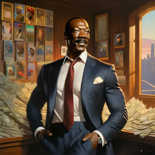 Prompt: Eddie Murphy GTA6. guns, thugs, money, guns, ski masks, baseball bats, twin cities atmosphere, box art style, Fully detailed painting by Greg Rutkowski and by Henry Justice Ford and by Steve Henderson, Expertly and professionally detailed artwork by Roxie Vizcarra and by Stephen Bliss.