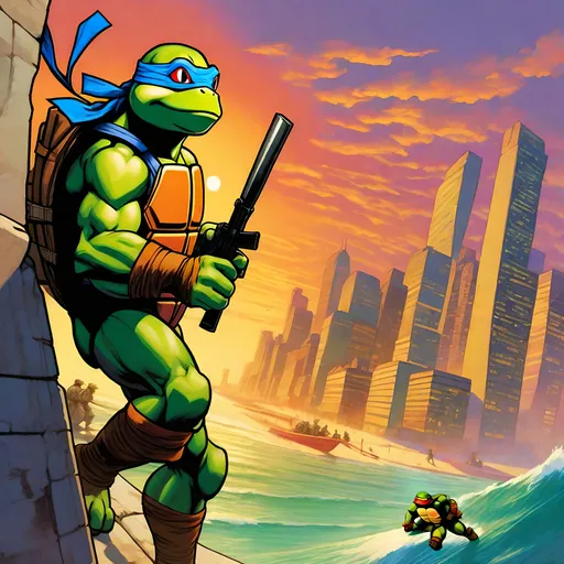 Prompt: {Michelangelo}Teenaged Mutant Ninja Turtles in GTA Vice city guns, thugs, money, guns, ski masks, baseball bats, cityscape atmosphere, box art style, extreme mega hyper  pin point detailed painting by Greg Rutkowski and by Henry Justice Ford and by Steve Henderson, detailed artwork by Roxie Vizcarra and by Stephen Bliss.