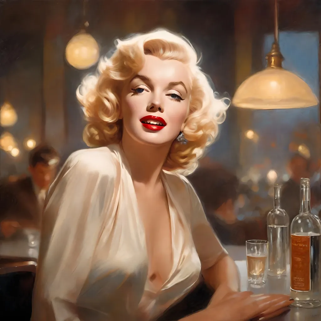 Prompt: Marilyn Monroe in Professionals photo shoot atmosphere, Bar Scene Perfect, tantalizing, sensual, playful, touching, pleasing, wanting, needing, loving, teasing poses box art style, Insanely fine extremely real life 8k photo enhanced by Greg Rutkowski and by Henry Justice Ford and by Steve Henderson, detailed Live still frame completed by Roxie Vizcarra and by Stephen Bliss.