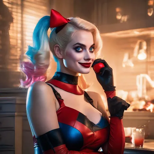 Prompt: Harley Quinn in Professionals photo shoot atmosphere, Perfect, tantalizing, sensual, playful, touching, pleasing, wanting, needing, loving, teasing poses box art style, Insanely fine extremely real life 8k photo enhanced by Greg Rutkowski and by Henry Justice Ford and by Steve Henderson, detailed Live still frame completed by Roxie Vizcarra and by Stephen Bliss.