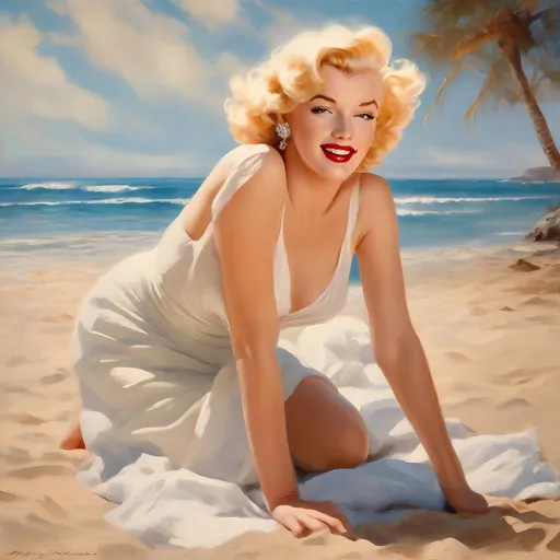 Prompt: Marilyn Monroe in Professionals photo shoot atmosphere, Beach Scene Perfect, tantalizing, sensual, playful, touching, pleasing, wanting, needing, loving, teasing poses box art style, Insanely fine extremely real life 8k photo enhanced by Greg Rutkowski and by Henry Justice Ford and by Steve Henderson, detailed Live still frame completed by Roxie Vizcarra and by Stephen Bliss.