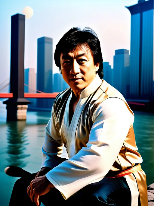 Prompt: Jackie Chan In a professional photoshoot the Swan, The Cran, The Crouching monkey, Drunken Master, Caupauanaa, The Tiger, The Cat, scenic cityscape Atmosphere, box art style, Insanely fine extremely real life 8k photo enhanced to video still frame by Greg Rutkowski and by Henry Justice Ford and by Steve Henderson, detailed Live still frame completed by Roxie Vizcarra and by Stephen Bliss.