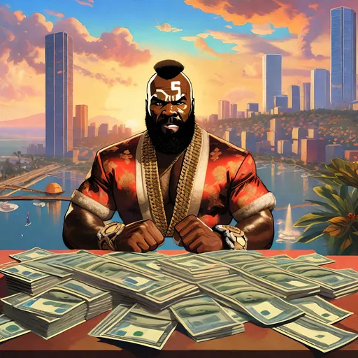 Prompt: Mr. T in GTA6. guns, thugs, money, guns, ski masks, baseball bats, Cityscape Collage atmosphere, box art style, Fully detailed painting by Greg Rutkowski and by Henry Justice Ford and by Steve Henderson, Expertly and professionally detailed artwork by Roxie Vizcarra and by Stephen Bliss.