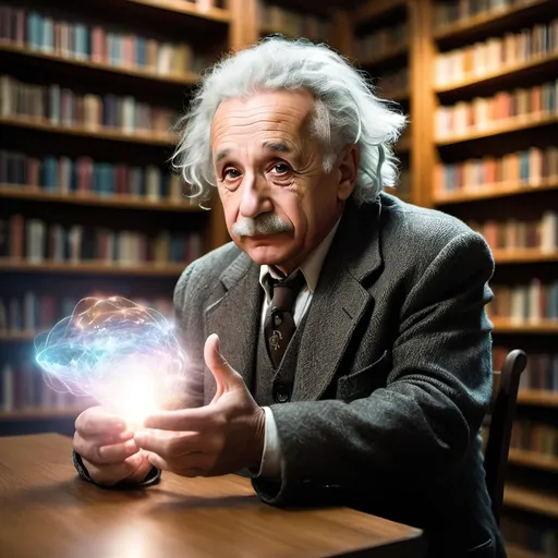 Prompt: Man in library with wisdom of Albert einstein creating magical energy that can be seen illuminating the 