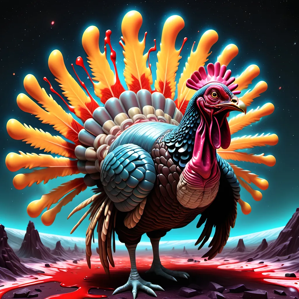 Prompt: Melting reversed gravity theme 12k wallpaper , warped time, double lapsed giant zombie turkey with blood dripping from beak, perpendicular perception galactic plane,  omega graphical phenomenon, interstellar medium,  with magically detailed complex holographic killer, trails, with special effects that showcase extreme graphic detailing